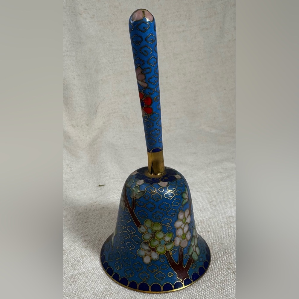 Vintage Cloisonné Hand Bell Blue Floral 4.75”